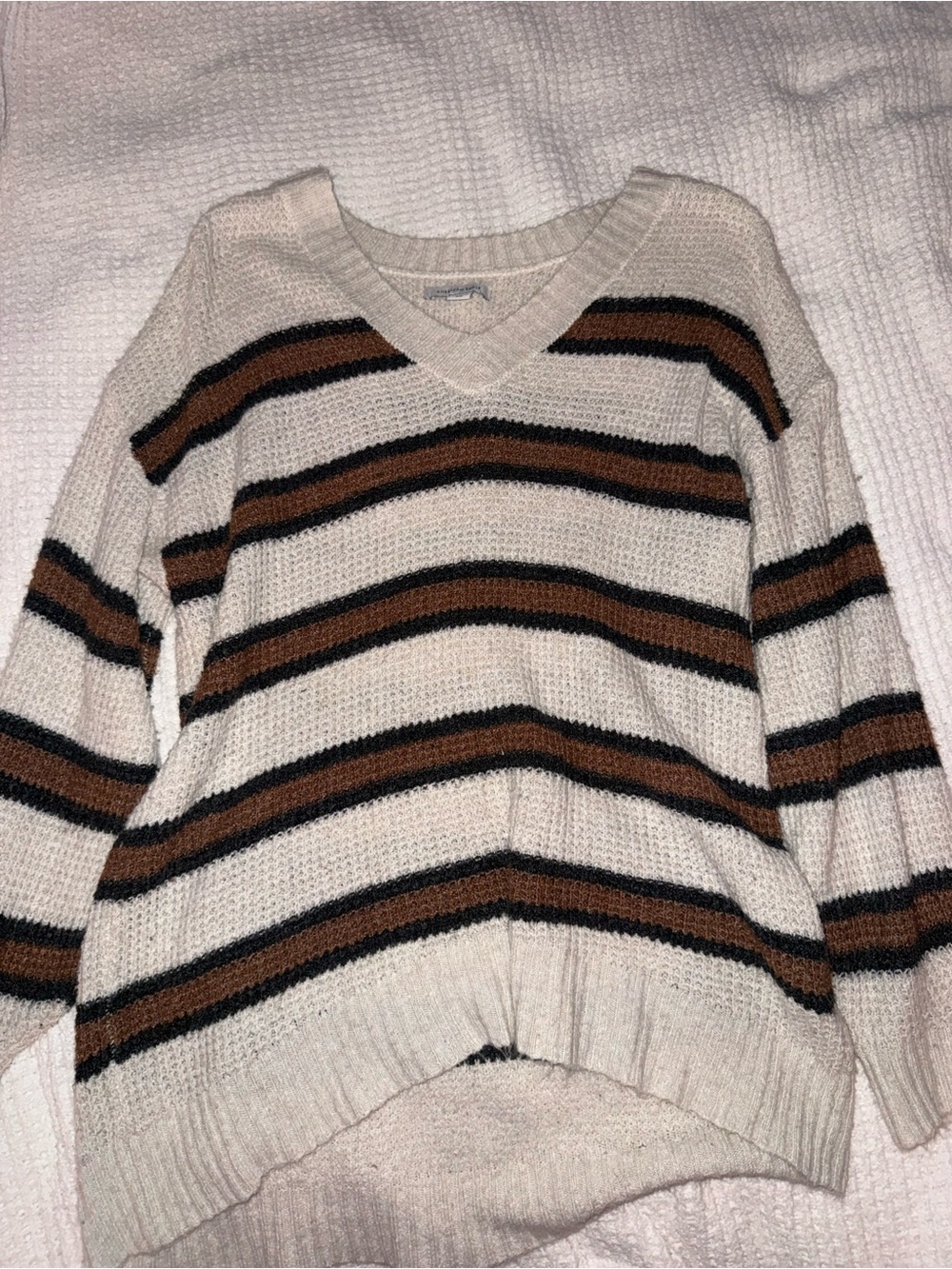 American Eagle Outfitters Cream Sweater with Brown & Black Stripes